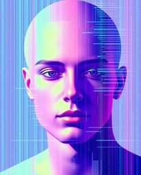 This modern flat design showcases a captivating digital glitch effect where iridescent colors overlay a human face, transform