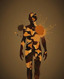A captivating piece of modern art featuring a human silhouette formed by colorful splash patterns in earthy browns, beiges, a