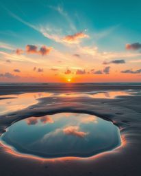 This is an adorable and cute image that captures a sunset sky mirrored in the tranquil tidal pools of a beach. The artwork pl