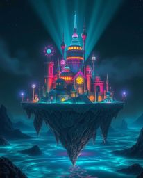 A surreal floating island presents a mesmerizing scene with its strange and unique architecture. Bioluminescent colors radiat
