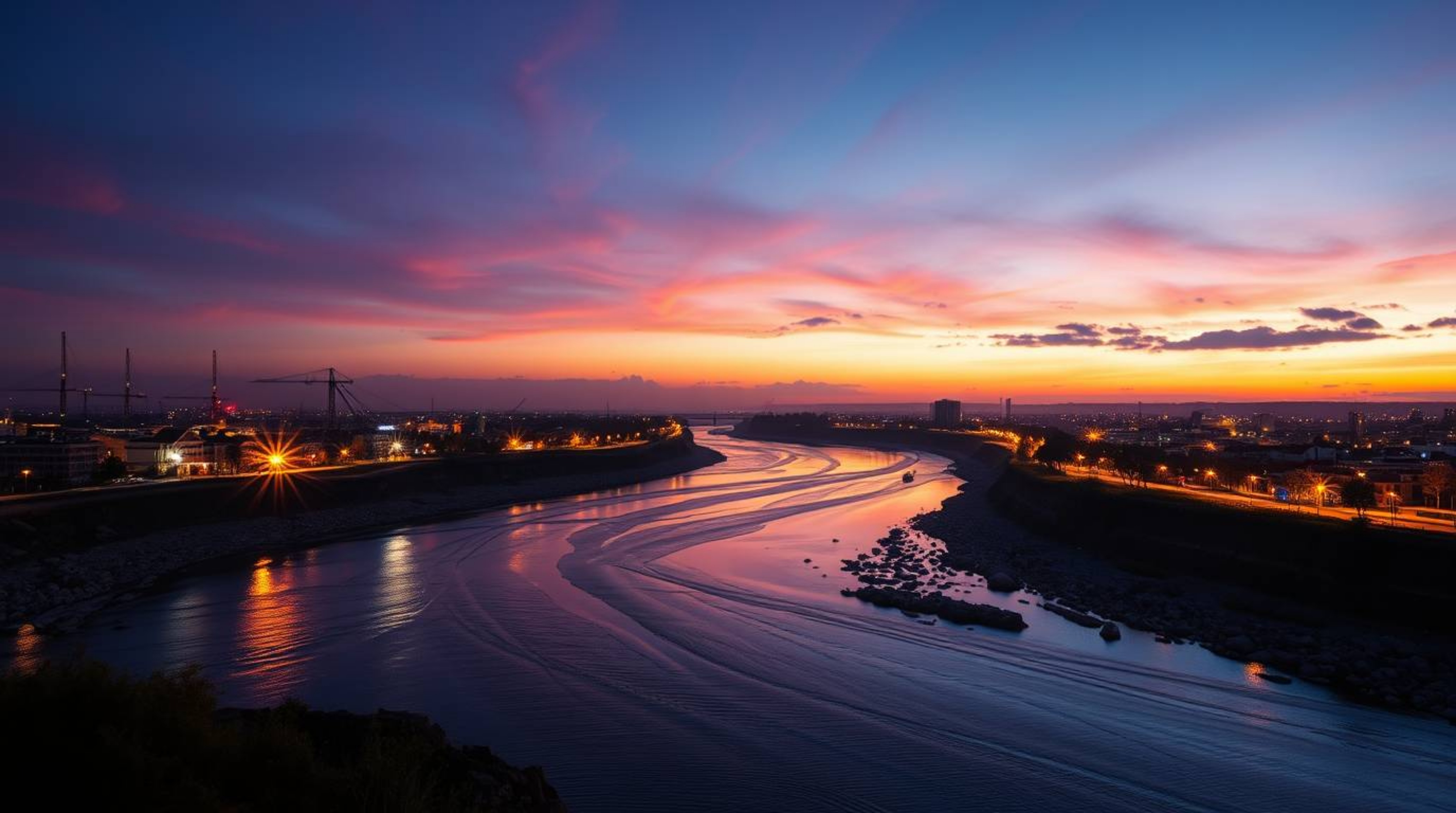 Capture the essence of an adorable and cute river delta bathed in the enchanting glow of twilight colors. This scene showcase