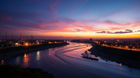 Capture the essence of an adorable and cute river delta bathed in the enchanting glow of twilight colors. This scene showcase