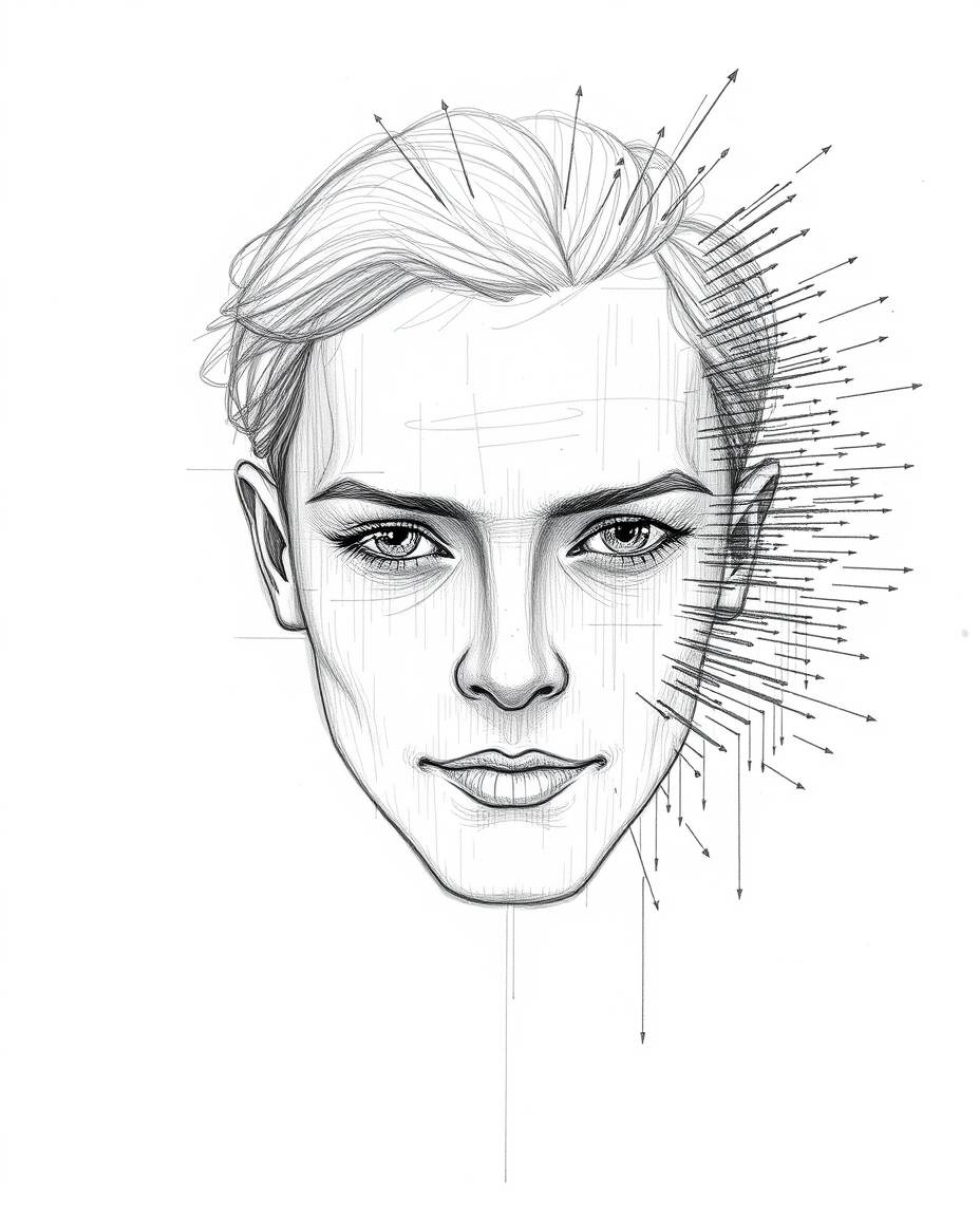 A captivating hand-drawn sketch depicts a human face undergoing a digital glitch transformation into a flowing data stream.  