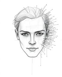 A captivating hand-drawn sketch depicts a human face undergoing a digital glitch transformation into a flowing data stream.  
