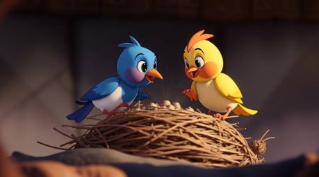 A charming cinematic shot showcasing two cartoon birds diligently building a nest in a classic animation style. The scene is 