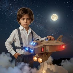 A captivating high fashion photograph capturing the magic of childhood, depicting a young boy with striking features standing