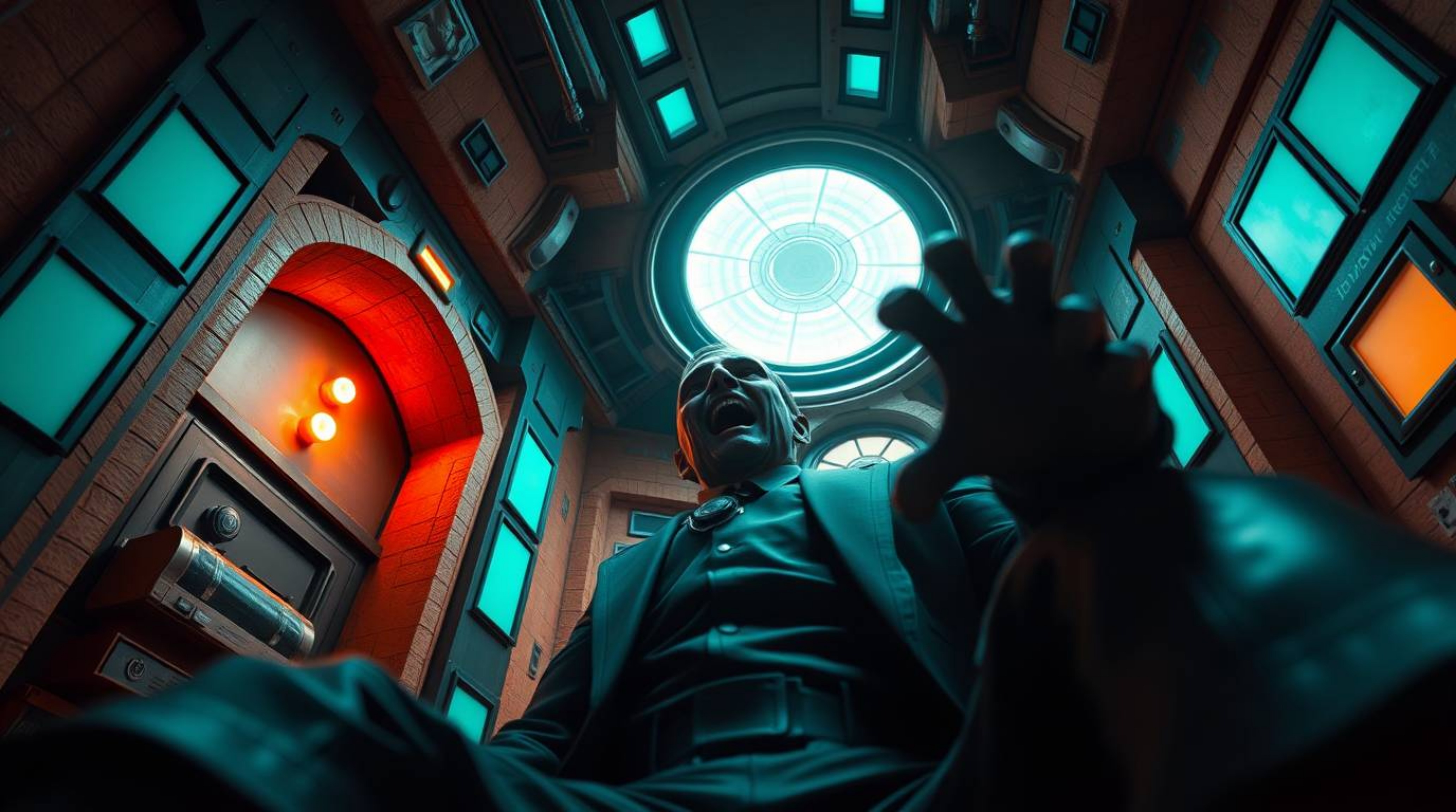 A low-angle shot captures a villain experiencing a humorous breakdown within their high-tech lair. The image employs a dramat