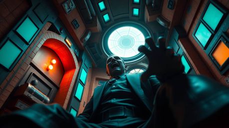 A low-angle shot captures a villain experiencing a humorous breakdown within their high-tech lair. The image employs a dramat