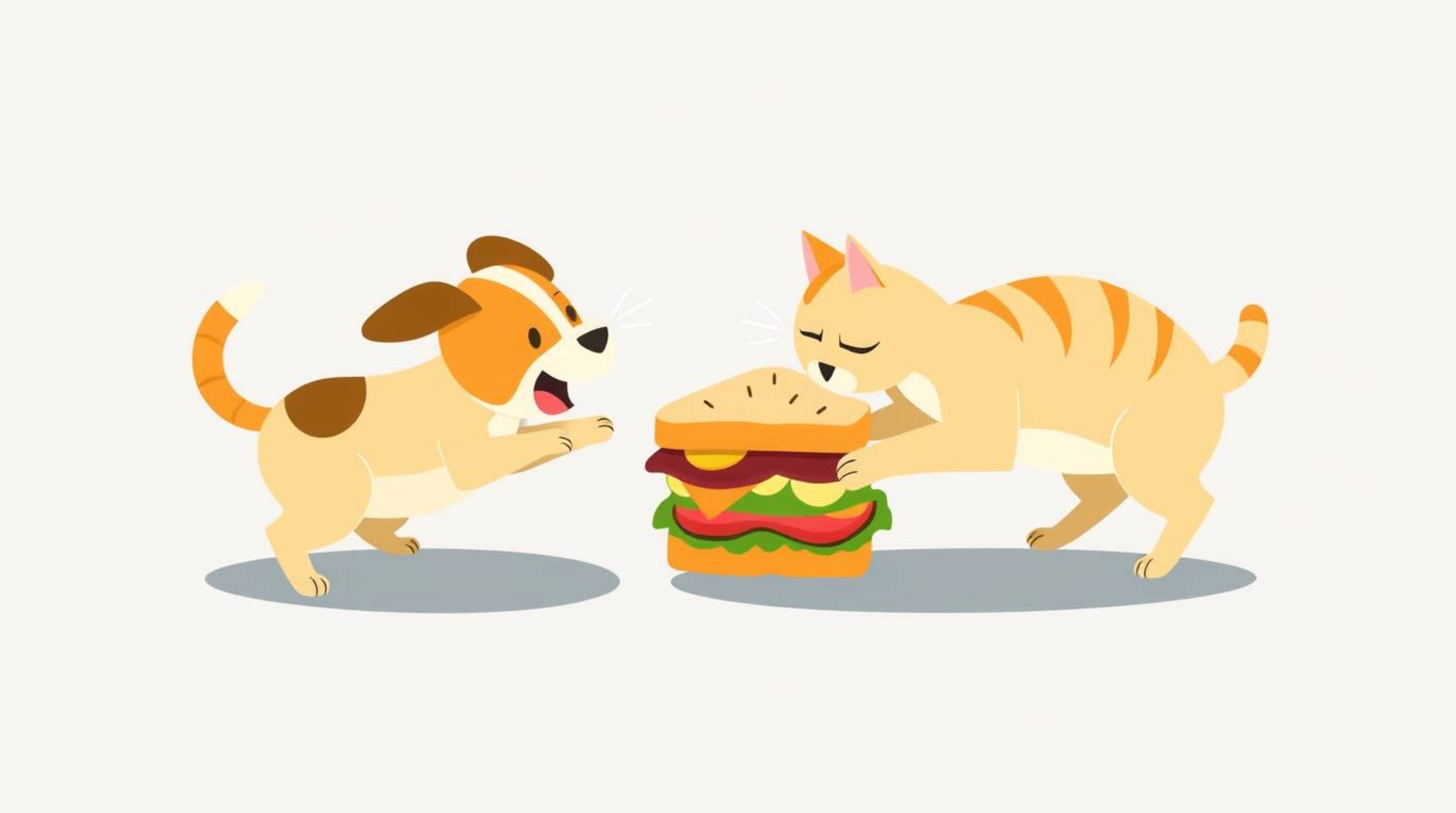 A modern flat design illustration showcases a humorous scene of a dog and a cat engaged in a tug-of-war over a massive sandwi