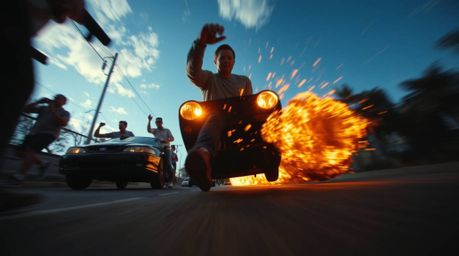 Experience the thrill of a dramatic chase scene captured from a striking low-angle perspective.  The action is emphasized wit