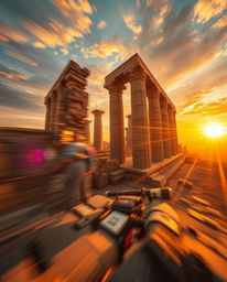 Experience ancient stone ruins at sunset in a dynamic, high-energy scene. This artwork features artistic motion blur, vibrant