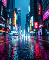 Experience a tight close-up view of a futuristic cityscape immersed in a cyberpunk environment.  The scene is bathed in a wet