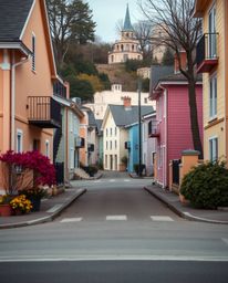 This collection features unusual, warm, and soft professional photographs depicting a sleepy town with pastel-colored houses.