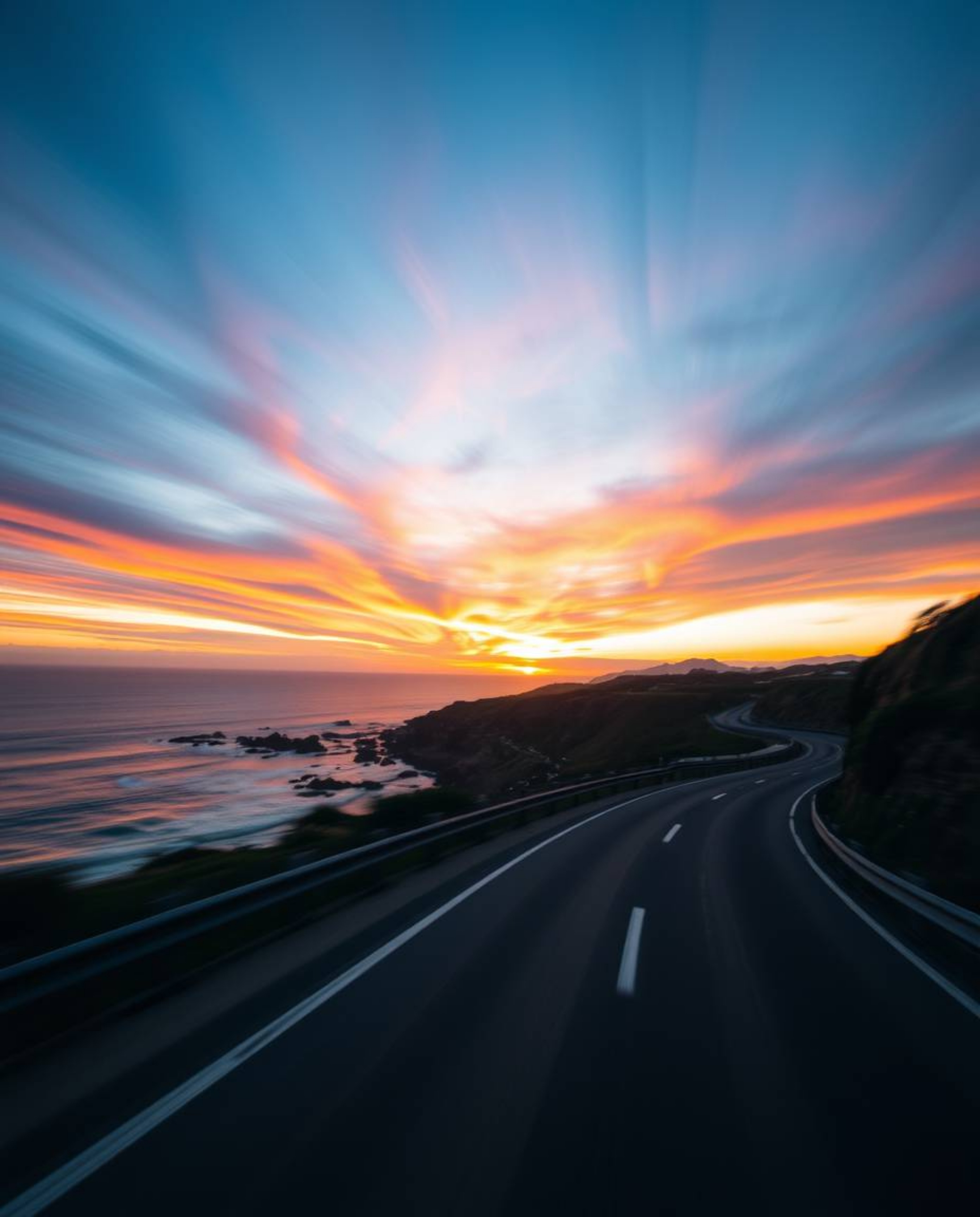This photograph captures a dynamic sunset sky over a winding coastal highway, imbued with a sense of action and movement thro