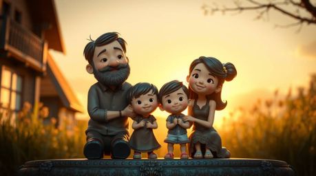 Experience an adorable and charming Pixar-style heartfelt family reunion, depicted with a cast bronze surface bathed in the w