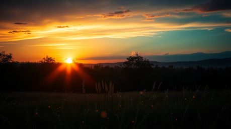 Experience the breathtaking beauty of a dramatic sunset over a serene meadow.  Intense lighting casts an ethereal glow, highl