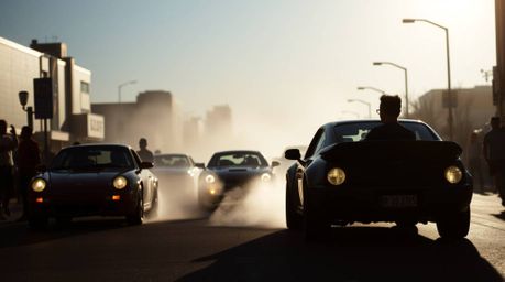 A candid street photography shot capturing silhouetted, outlandish cars in a wacky racing scene. Backlighting emphasizes the 