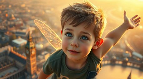 A captivating image of a young boy with delicate features soaring above London, bathed in the warm, golden light of the setti
