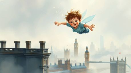 A delicate watercolor painting captures a young boy's whimsical flight above a hazy London, powered by pixie dust. The soft, 