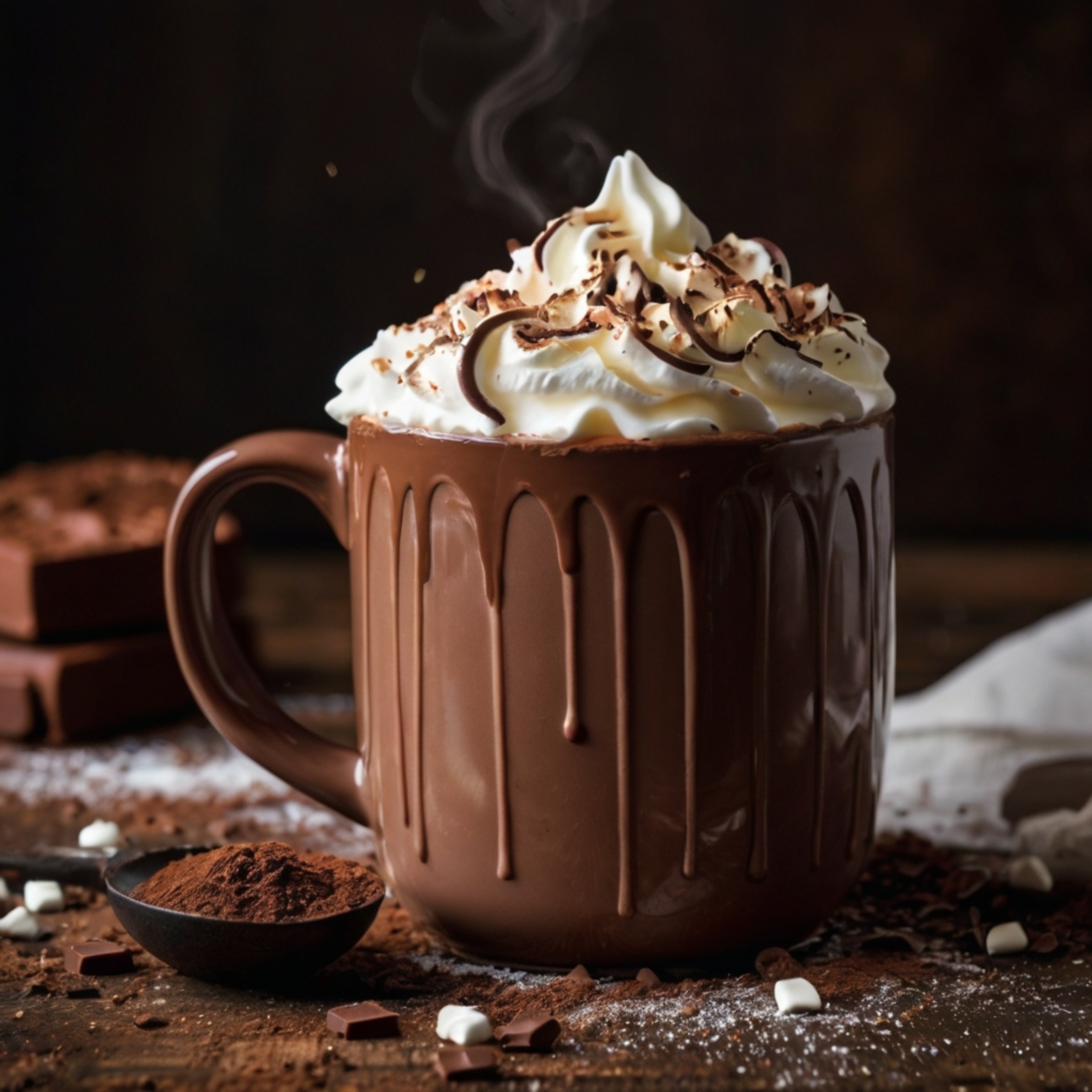 Indulge in the simple pleasure of a warm ceramic mug filled with rich hot cocoa. This comforting beverage is generously toppe