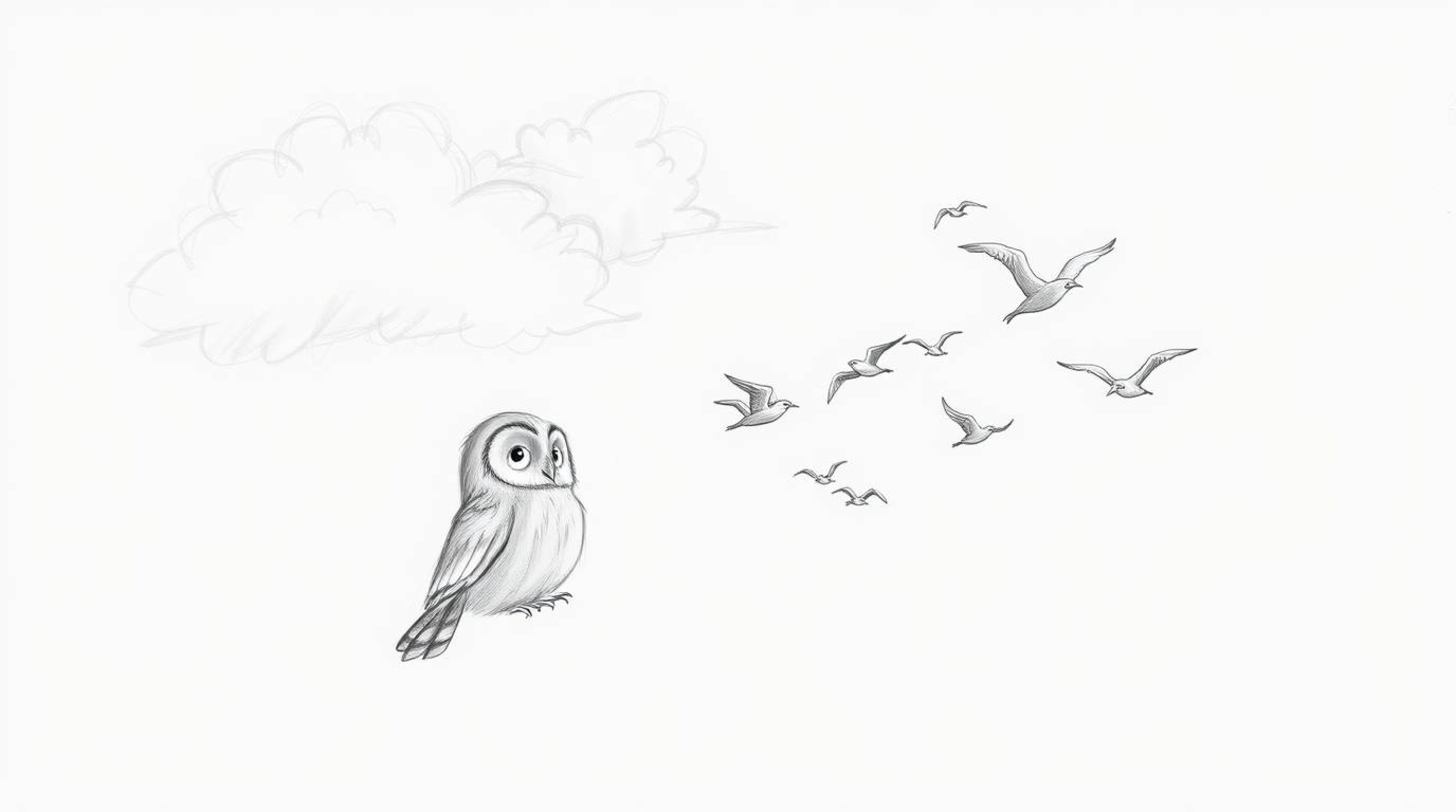 A hand-drawn sketch in the style of Pixar portrays a heartwarming scene: a blind owl, with soft, textured feathers and large,