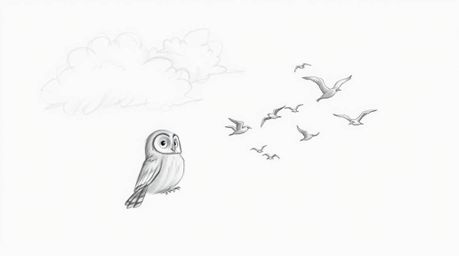 A hand-drawn sketch in the style of Pixar portrays a heartwarming scene: a blind owl, with soft, textured feathers and large,