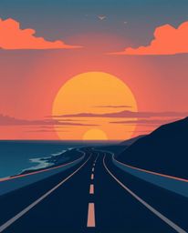 This modern flat design illustration captures a sunset sky over a winding coastal highway from a striking low-angle perspecti