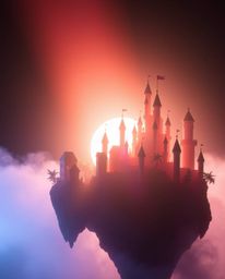 A stunning silhouetted backlighting photograph showcasing a vibrant kingdom with floating islands and majestic castles. Soft