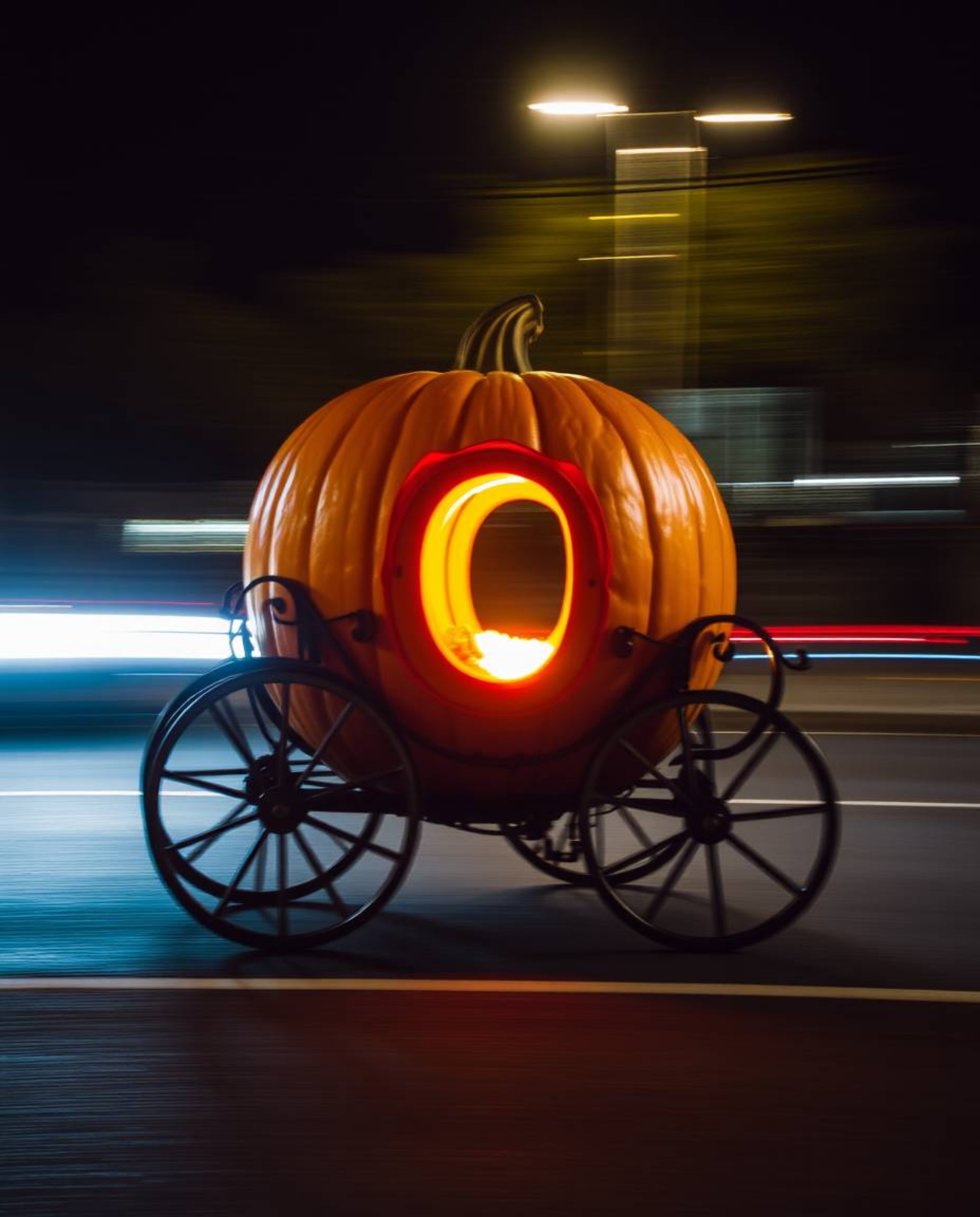 A captivating long exposure photograph depicts a magical pumpkin transforming into a carriage, showcasing stunning motion blu