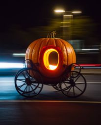 A captivating long exposure photograph depicts a magical pumpkin transforming into a carriage, showcasing stunning motion blu
