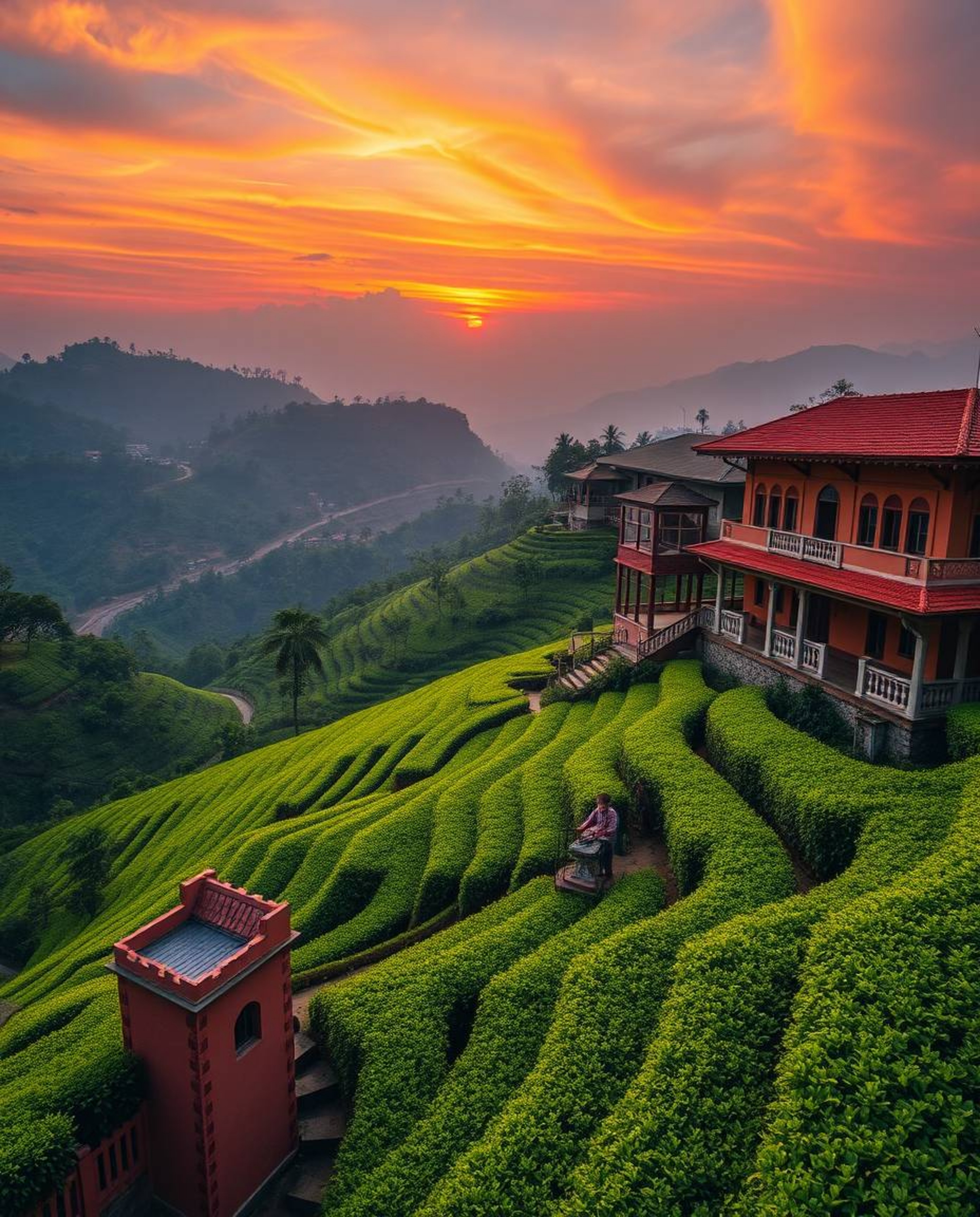 This is a precise architectural color photograph capturing vibrant sunset hues over terraced tea plantations. The image is de