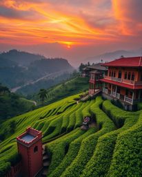 This is a precise architectural color photograph capturing vibrant sunset hues over terraced tea plantations. The image is de