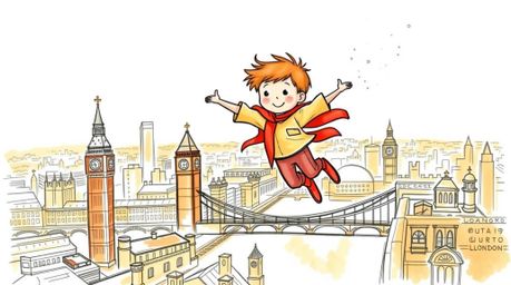 A vibrant hand-drawn sketchnote illustration captures the whimsical scene of a young boy soaring above London, propelled by m