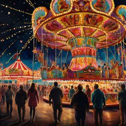 This vibrant ink and watercolor painting captures the energy of a bustling carnival. Bright lights and dynamic movement bring