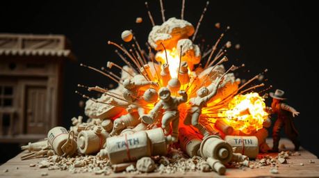 A dynamic, layered papier-mâché sculpture depicting a classic Wild West TNT explosion.  The artwork showcases exploding TNT, 
