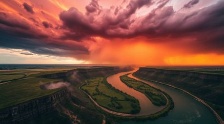 Experience the breathtaking beauty of a winding river illuminated by a dramatic orange-pink sunset. This high-angle photograp