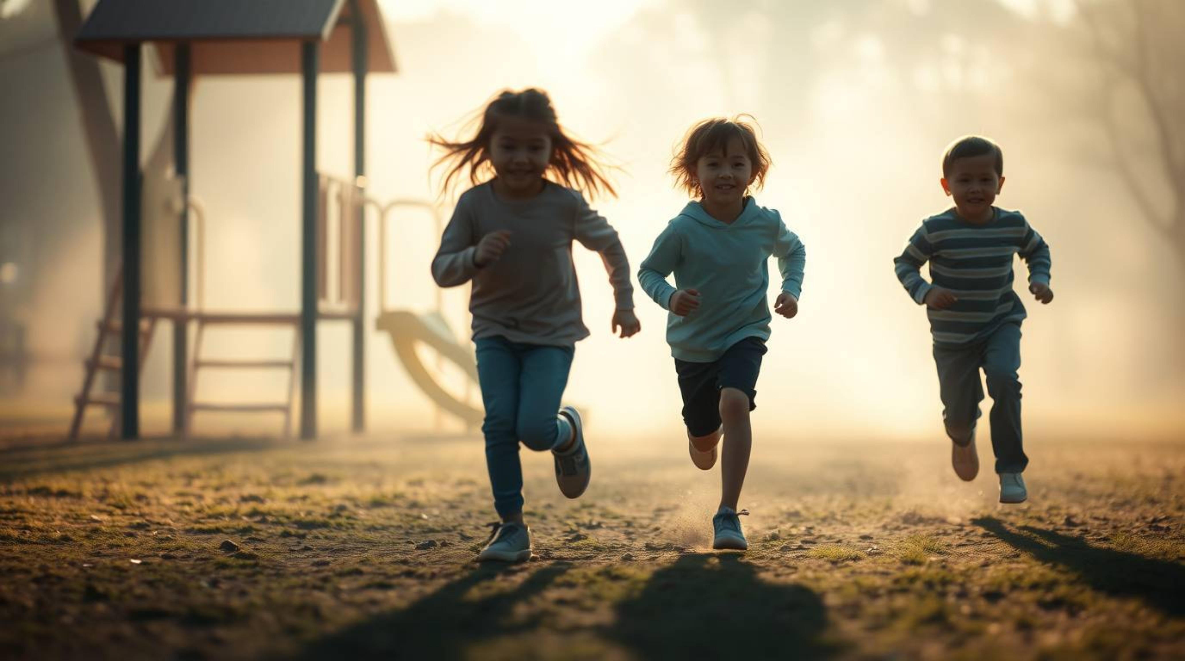 Experience a dramatic slow-motion run through a playground bathed in a soft, dreamy cinematic haze.  Soft focus and a hazy ba