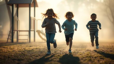 Experience a dramatic slow-motion run through a playground bathed in a soft, dreamy cinematic haze.  Soft focus and a hazy ba