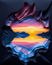 A sculpted papier-mâché artwork depicting a glassy fjord reflecting a sunset. This piece showcases seamless color blending wi
