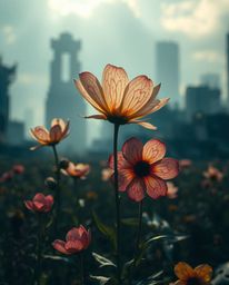 Stunning artistic lighting illuminates abstract patterns on flowers blooming amidst the ruins of a post-apocalyptic city. Thi