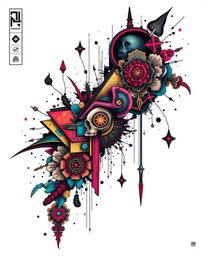 This symbolic traditional tattoo art print features abstract shapes with glitch effects, fragmentation, and scanlines rendere