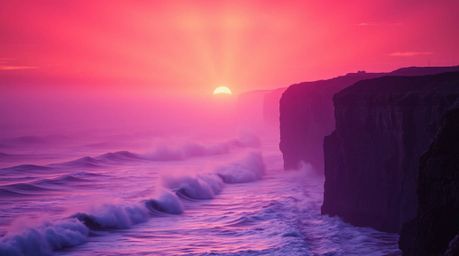 A breathtaking high-resolution photograph captures the dramatic scene of powerful waves crashing against rugged cliffs at sun