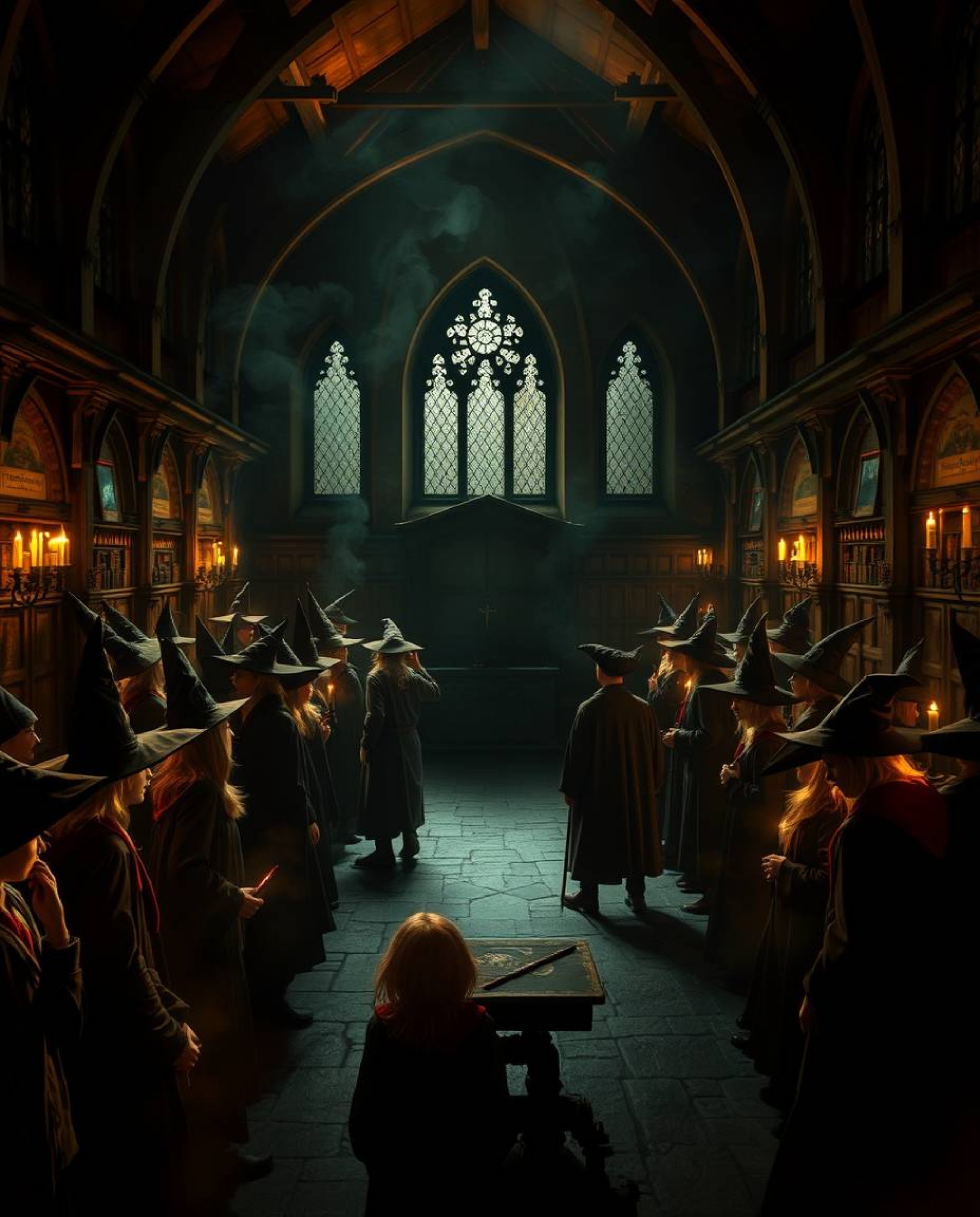 Explore a captivating magical school brimming with young wizards, rendered in the dramatic style of chiaroscuro. This artwork
