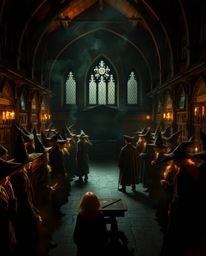 Explore a captivating magical school brimming with young wizards, rendered in the dramatic style of chiaroscuro. This artwork