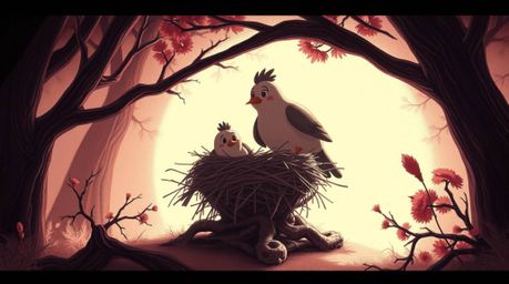 A captivating surreal illustration showcases two cartoon birds diligently constructing a nest. Rendered in infrared tones wi