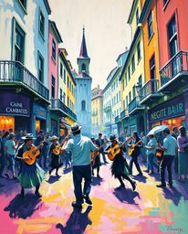 A captivating bold acrylic painting depicts a dynamic musical number unfolding in a bright town square. Cool blues, greens,