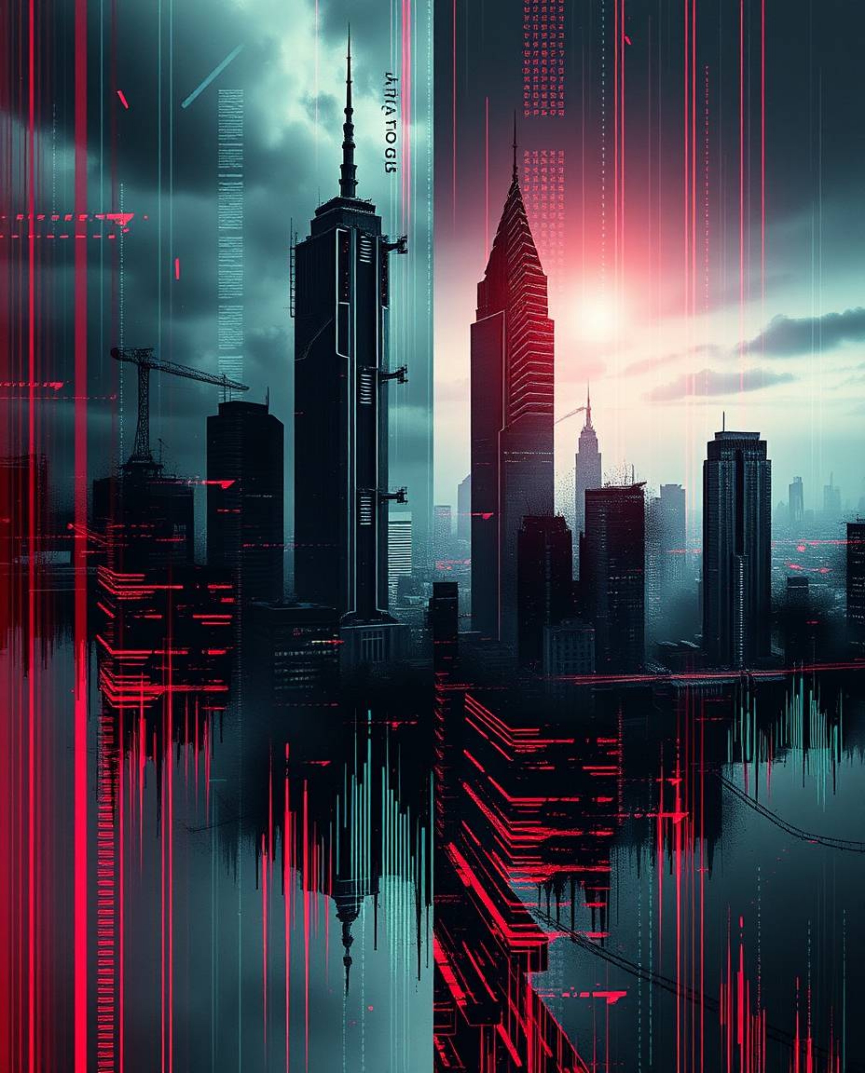 A creative, dramatic, cinematic-style artwork showcasing a glitchy digital landscape. Distorted skyscrapers pierce a sky fil