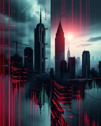 A creative, dramatic, cinematic-style artwork showcasing a glitchy digital landscape.  Distorted skyscrapers pierce a sky fil