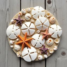 A rustic scene featuring a weathered driftwood table beautifully displaying ocean treasures. Delicate seashells in pearly whi