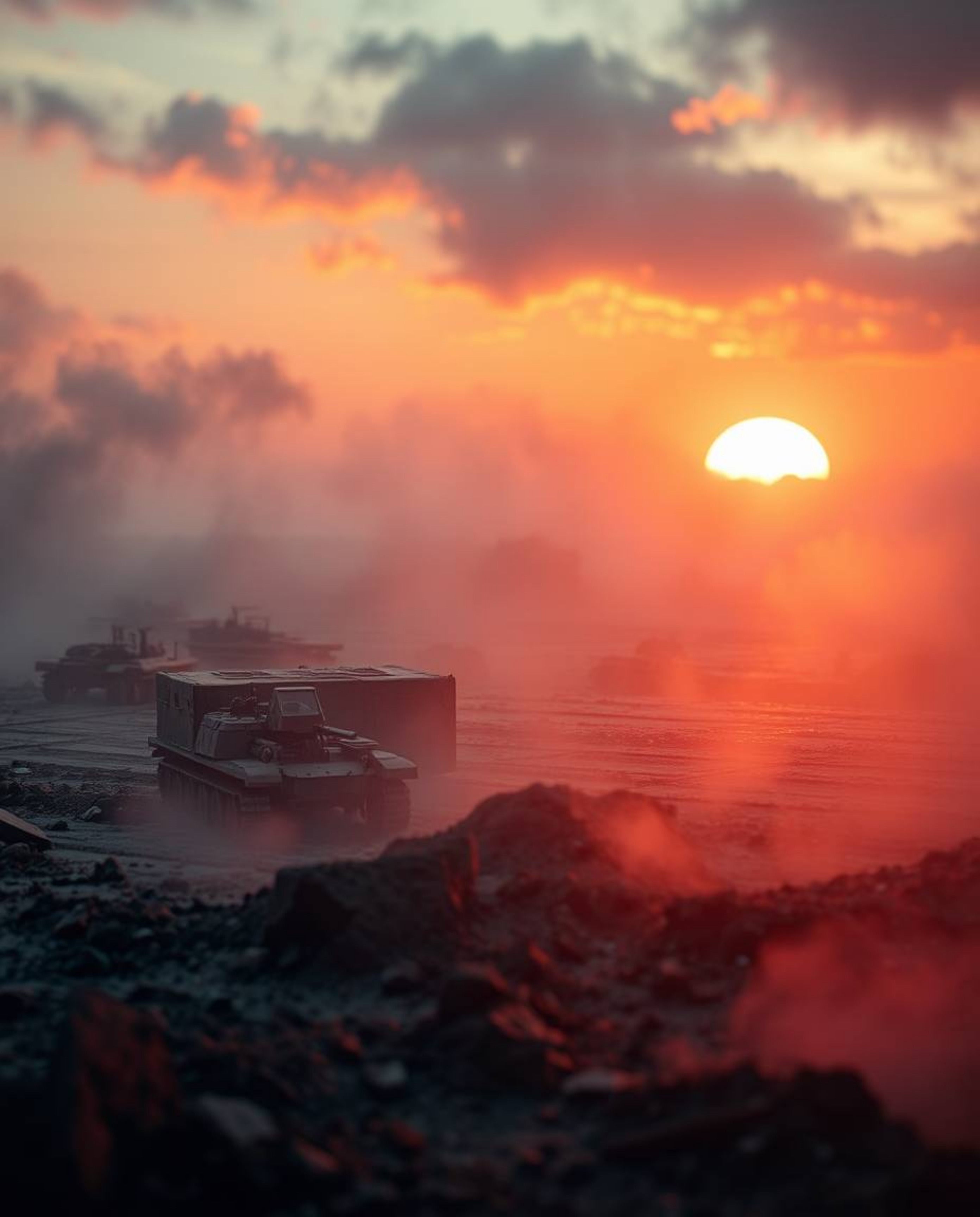 Witness a breathtaking sunrise over a war-torn landscape, rendered in a unique style combining volumetric lighting and layere